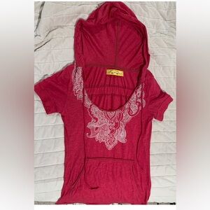 Free People Red Hoodie with White Lace Design